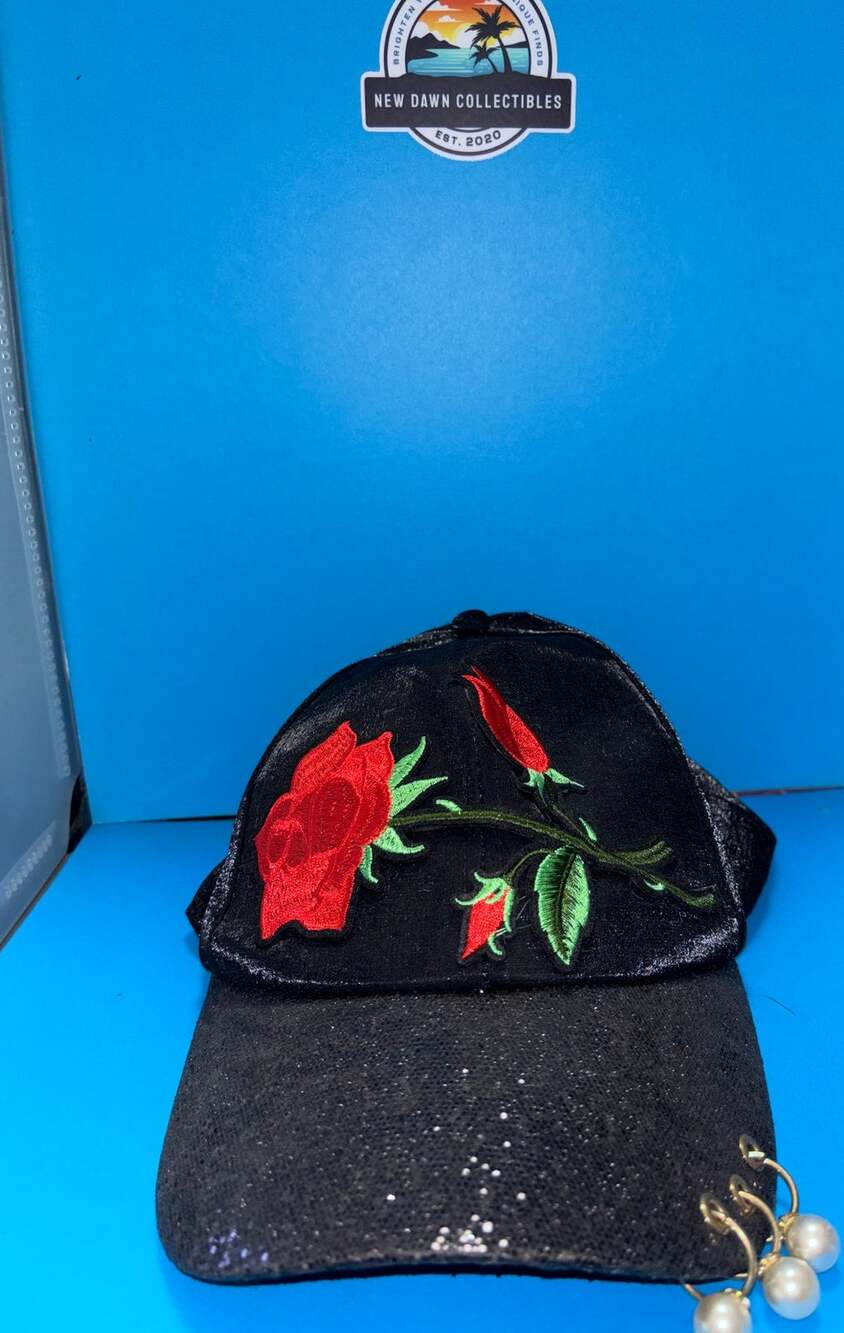 Rose Embroidered Baseball Cap Black Glitter Metallic Mesh Snapback Hat Pierced